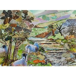 Penny Wicks (British 1949-): 'Moorland Magic', mixed media collage signed, titled on label verso 30cm x 40cm