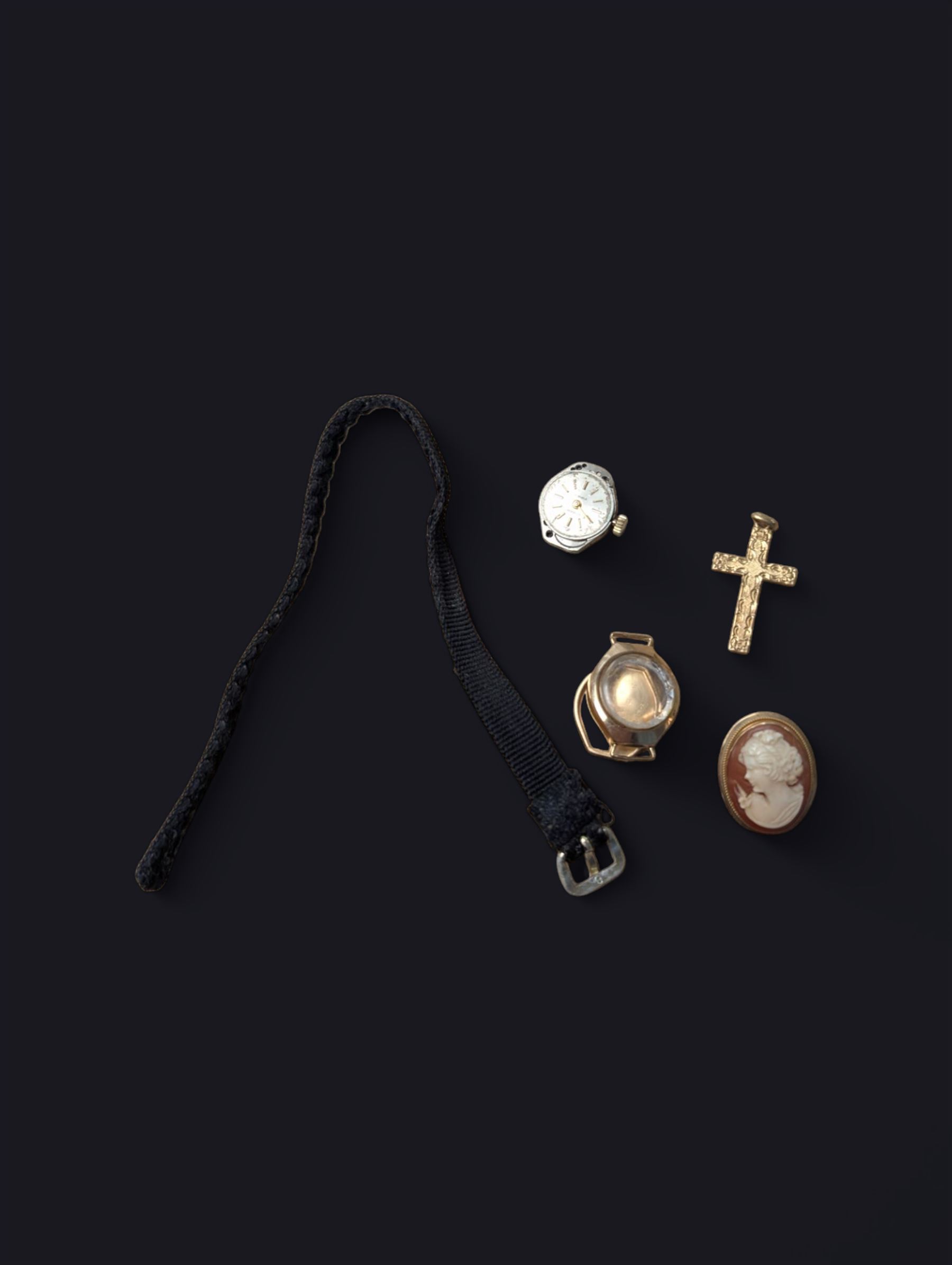 9ct gold cased ladies Incabloc wristwatch on fabric strap, together with a 9ct gold cross pendant and a cameo brooch with 9ct gold surround