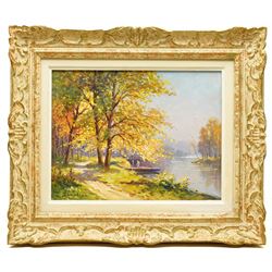Eugene Demester (French 1914-1984): Autumnal Lakeside Landscape, oil on canvas signed 26cm x 34cm