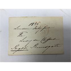 Rowland Hill, Lord Hill General Commanding-in-Chief, Colonel of the Royal Horse Guards, and Governor of Plymouth, K.T.S., K.M.T. & K.S.G.; small fragment signed Hill clipped from a letter/document and mounted on card with half length portrait; together with a fragment from a pre-stamp cover addressed to The Lady de Clifford Paget Ramsgate and dated 1833 (2)