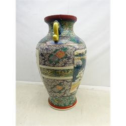  Large 19th century Chinese Famille Verte vase of baluster two handled form, the body with panels of figures and birds on diaper ground, Ming Dynasty Fu seal to base, H64cm   