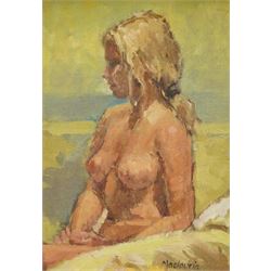 Pat Maclaurin (British 1933-2022): Nude Portrait of a Blonde Female on a Beach, oil on board signed 17cm x 12cm