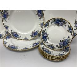 Royal Albert Moonlight Rose pattern tea service for six, comprising teacups and saucers, open sucrier, milk jug, dessert plates and cake plate, together with six other dinners wares in the same pattern