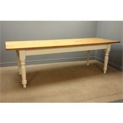  Large rectangular pine farmhouse style kitchen table, with turned supports, ivory paint finish, W91cm, H77cm, L244cm  