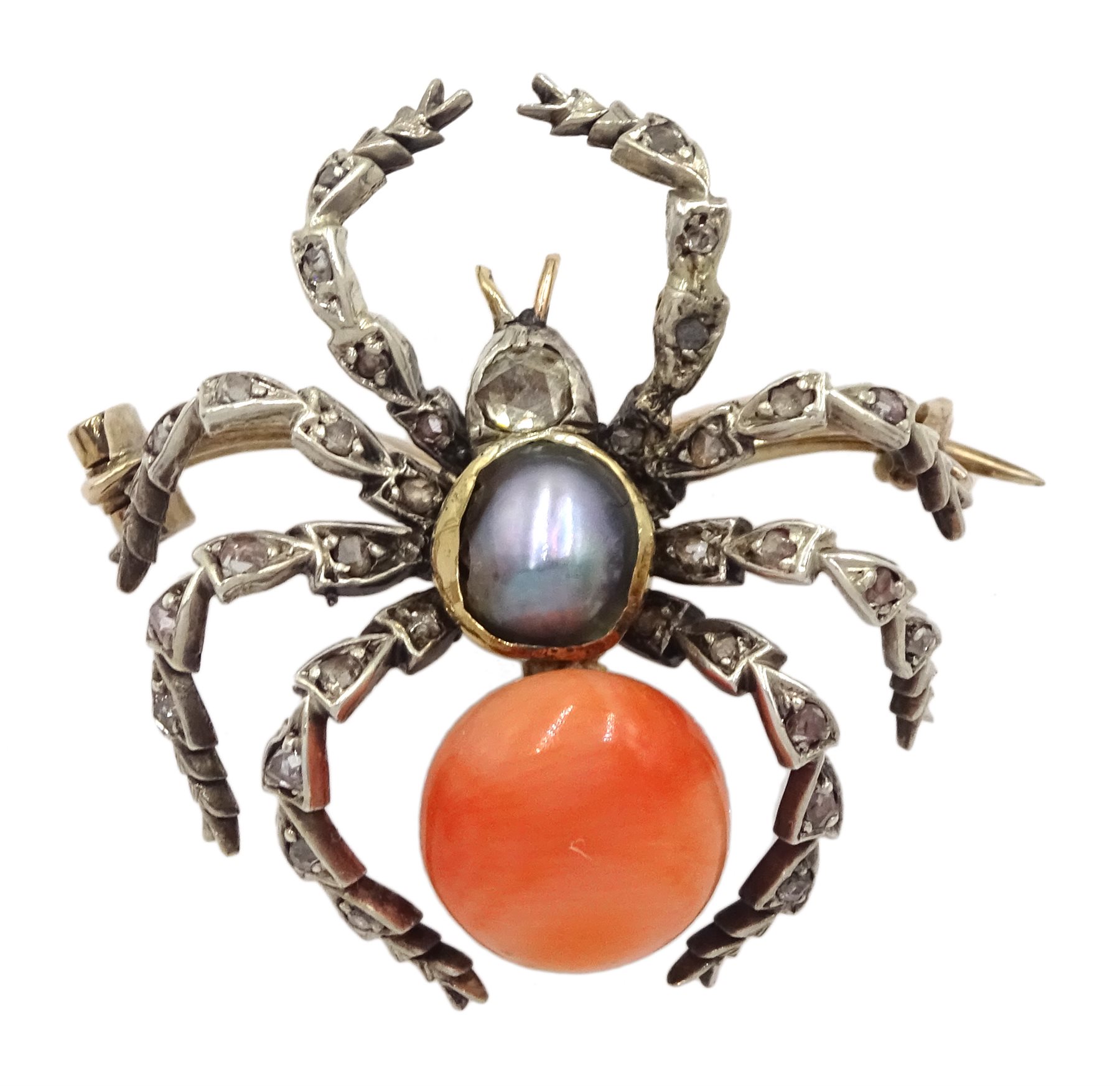 Victorian gold and silver spider brooch, set with diamonds, coral and a grey split pearl 
