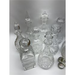 Set of four ‘Alana’ Waterford hock glasses, glass crystal drops, Edinburgh Crystal decanter, Caithness MINI 25 year anniversary decanter, and other decanters and glassware in one box