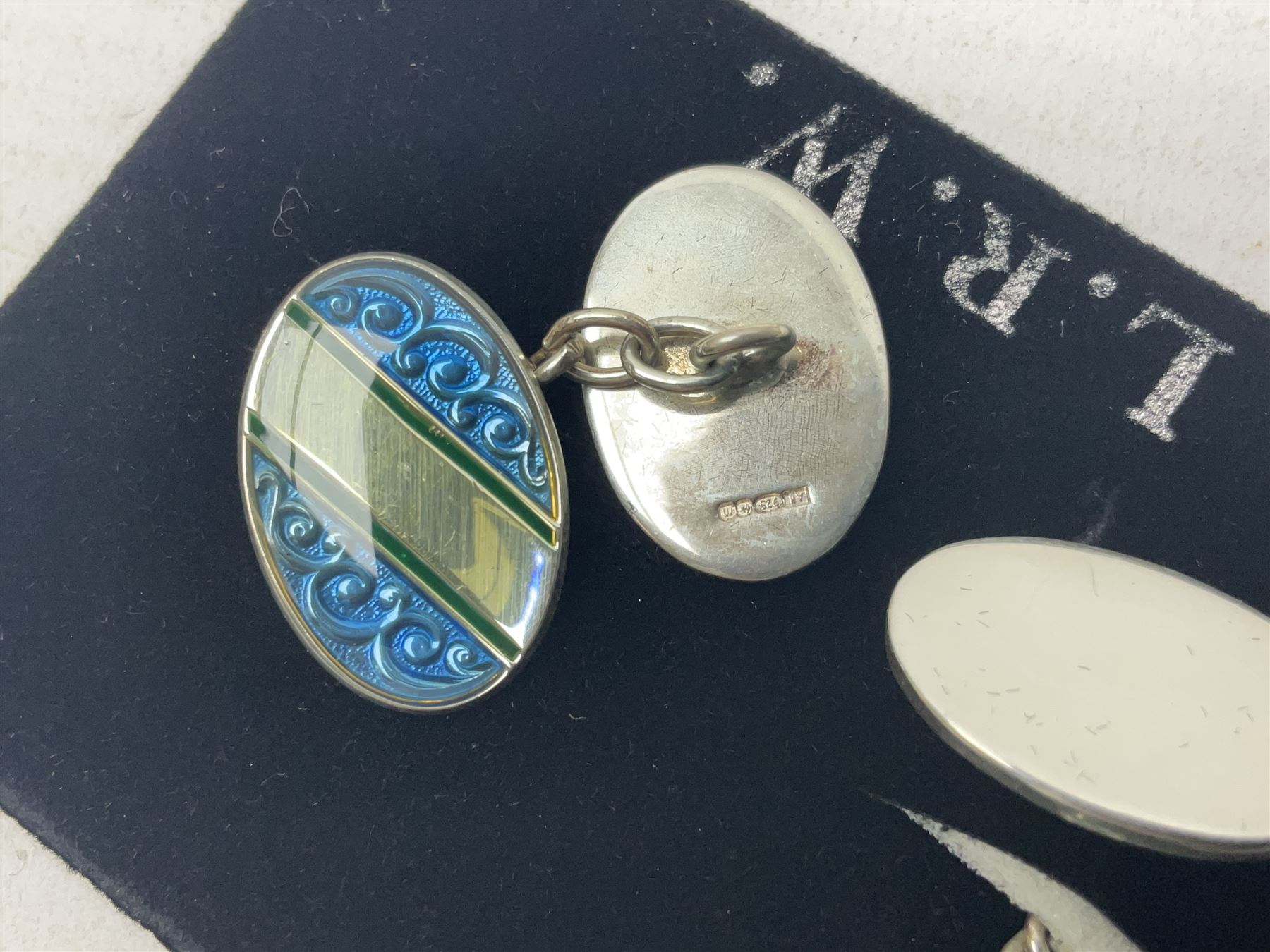 Pair of silver blue enamel cufflinks, hallmarked 