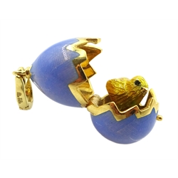 Victor Mayer for Faberge 18ct gold and blue guilloche enamel pendant, hinged lid revealing chick within, limited edition No.617/1000 reference No. F-1817 OB, stamped 750, boxed with certificate of authenticity 

[image code: 6mc]