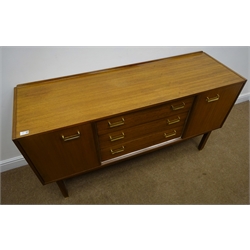  G-Plan vintage retro sideboard, raised back, three drawers flanked by two cupboards, square supports, W145cm, H78cm, D46cm  