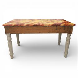 A pair of 19th century style pine console tables, with rectangular simulated marble top over a painted frieze, raised on fluted and turned tapering legs
