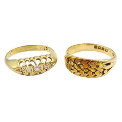 Victorian 18ct gold graduating five stone diamond ring and an Edwardian 18ct gold weave design ring, London 1902