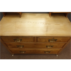  Early 20th century dressing chest, raised mirror back, flanked by two trinket drawers above two short and two long drawers, stile supports on castorts, W107cm, H154cm, D50cm,  