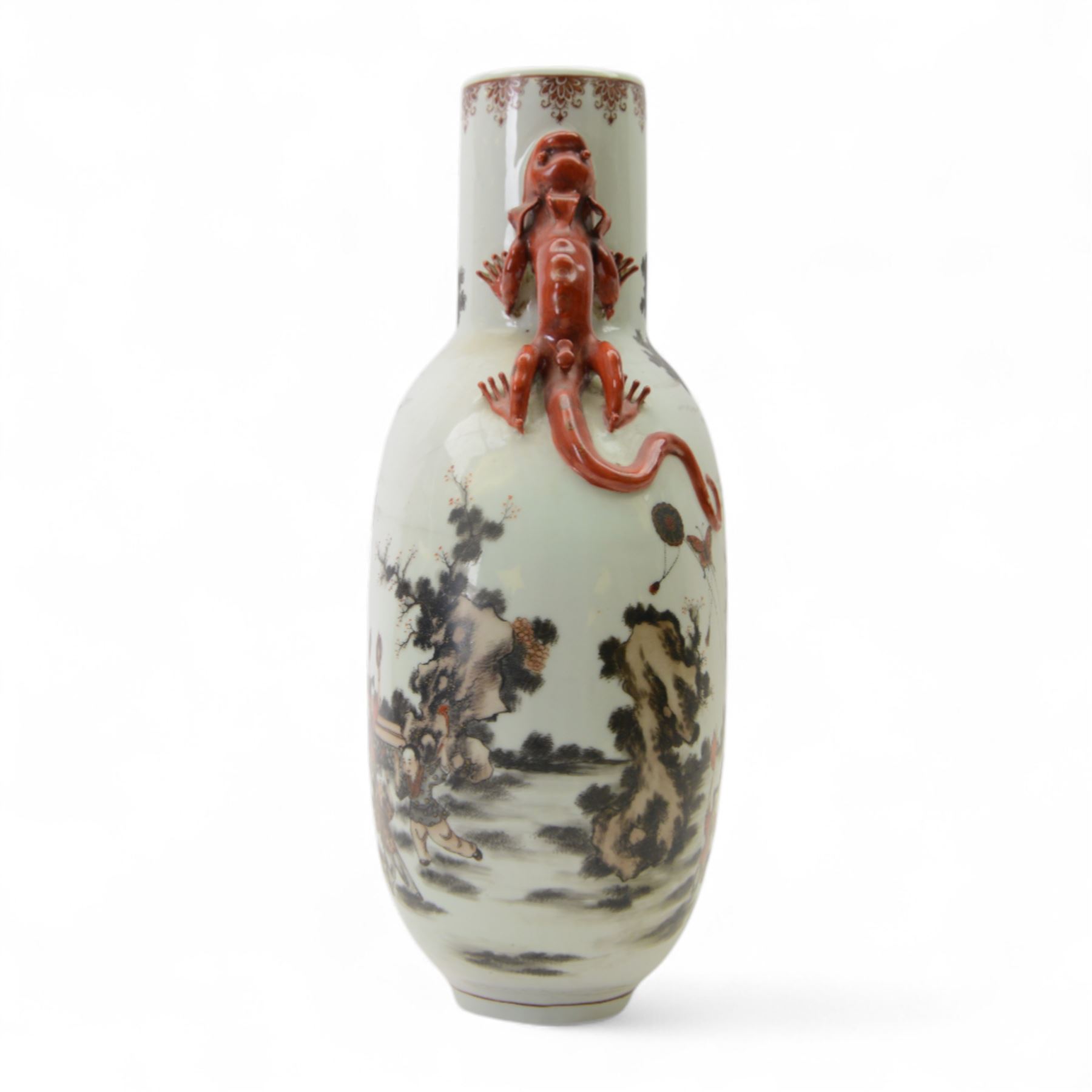 Chinese Republic period porcelain moon flask vase, of typical compressed spherical form, the neck and shoulders with applied iron red dragon handles, the body decorated in iron-red and grisaille with a 'one hundred children' design, depicting various children at play and engaged in musical pursuits within a garden setting, with apocryphal Qianlong mark beneath, H47cm