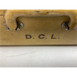 Vintage leather traveling case with monogram to cover, with watered silk lining to interior, and some contents, plus a further vintage travel case, (2)