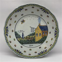 Four French Faience plates, comprising Je suis las de le porter, Le malheur nous reunit, Je desire y arriver and Eveque de Meaux, D24cm  
