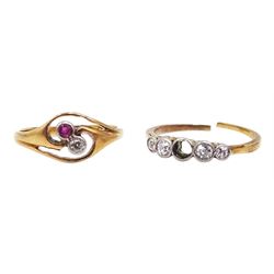 Gold ruby and diamond cross over ring, stamped 18ct and an 18ct gold diamond ring