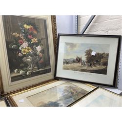Botanical watercolours and other original works to include June Everett, pair mezzotints, hunting prints etc 