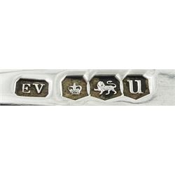 Selection of silver flatware, to include Victorian Queens pattern knife with silver blade, hallmarked John Gilbert & Co, Birmingham 1872, a Victorian silver preserve spoon with shovel type bowl engraved with diamond pattern, hallmarked Josiah Williams & Co, Exeter 1875, two modern coffee spoons, the terminals modelled as griffins, hallmarked William Suckling Ltd, London 1967, an Edwardian Royal Commemorative souvenir spoon, hallmarked William Devenport, Birmingham 1901, a 1930's pair of sugar tongs the bowls modelled as claws, a Norwegian silver spoon, stamped 830, etc., approximate total weight 6.37 ozt (192.8 grams)