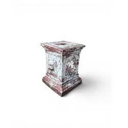 Early 20th century terracotta pedestal, square form with egg and dart detail, four lions masks to either side, finished in distressed cream paint
