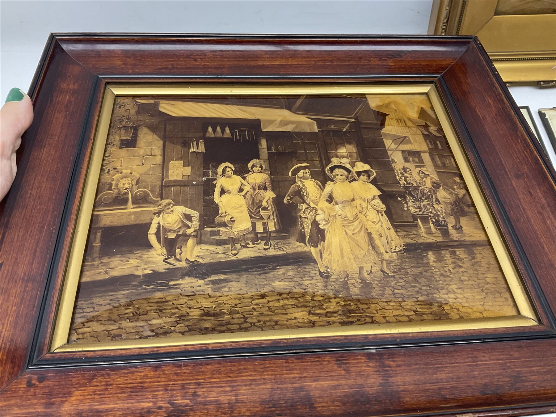 Three early 20th century full profile framed silhouettes, each signed Scot-Ford 1929, together with four hand painted portrait silhouettes and two framed crystoleums, depicting figural scenes (9), largest H35cm