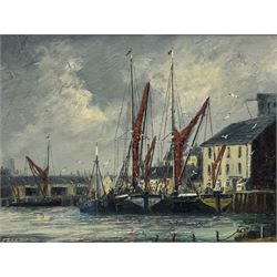 Jack Rigg (British 1927-): 'Thames Barges', oil on board signed and dated 1977, titled verso 44cm x 59cm