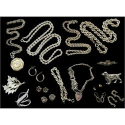Collection of silver jewellery including dog brooch, rope twist necklaces, four leaf clover brooch, earrings and bracelets, hallmarked or tested