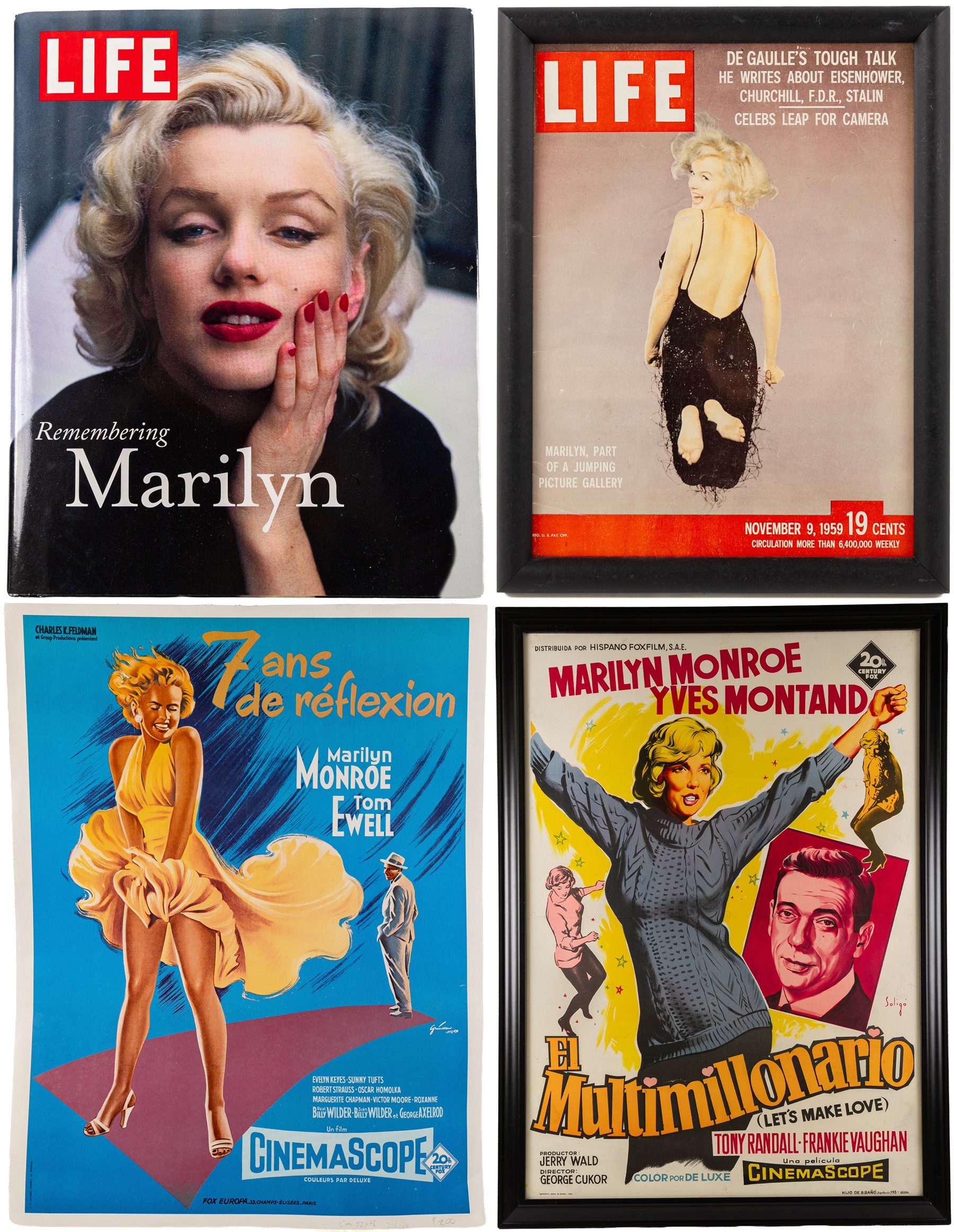 Marilyn Monroe - two European film posters, comprising The Seven Year Itch (7 ans de reflexion), French poster after the 1955 film starring Marilyn Monroe and Tom Ewell, linen backed, 81 x 61cm and Let's Make Love (El Multimillonario), framed and glazed Spanish poster after the 1960 film, starring Marilyn Monroe and Yves Montand, 100 x 70cm, together with a framed Life Magazine newstand poster featuring Marilyn as the cover star and a Life book 'Remembering Marilyn