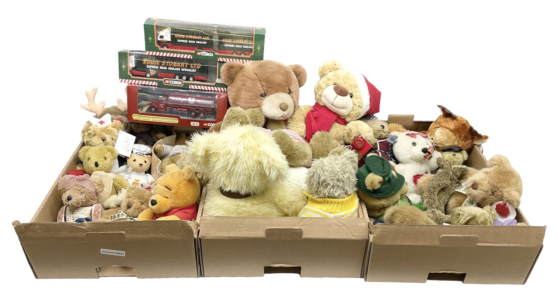 Large quantity of teddy bears together with boxed Corgi Mobilgas Mack LJ 6 tanker and two Corgi Eddie Stobart die cast lorries