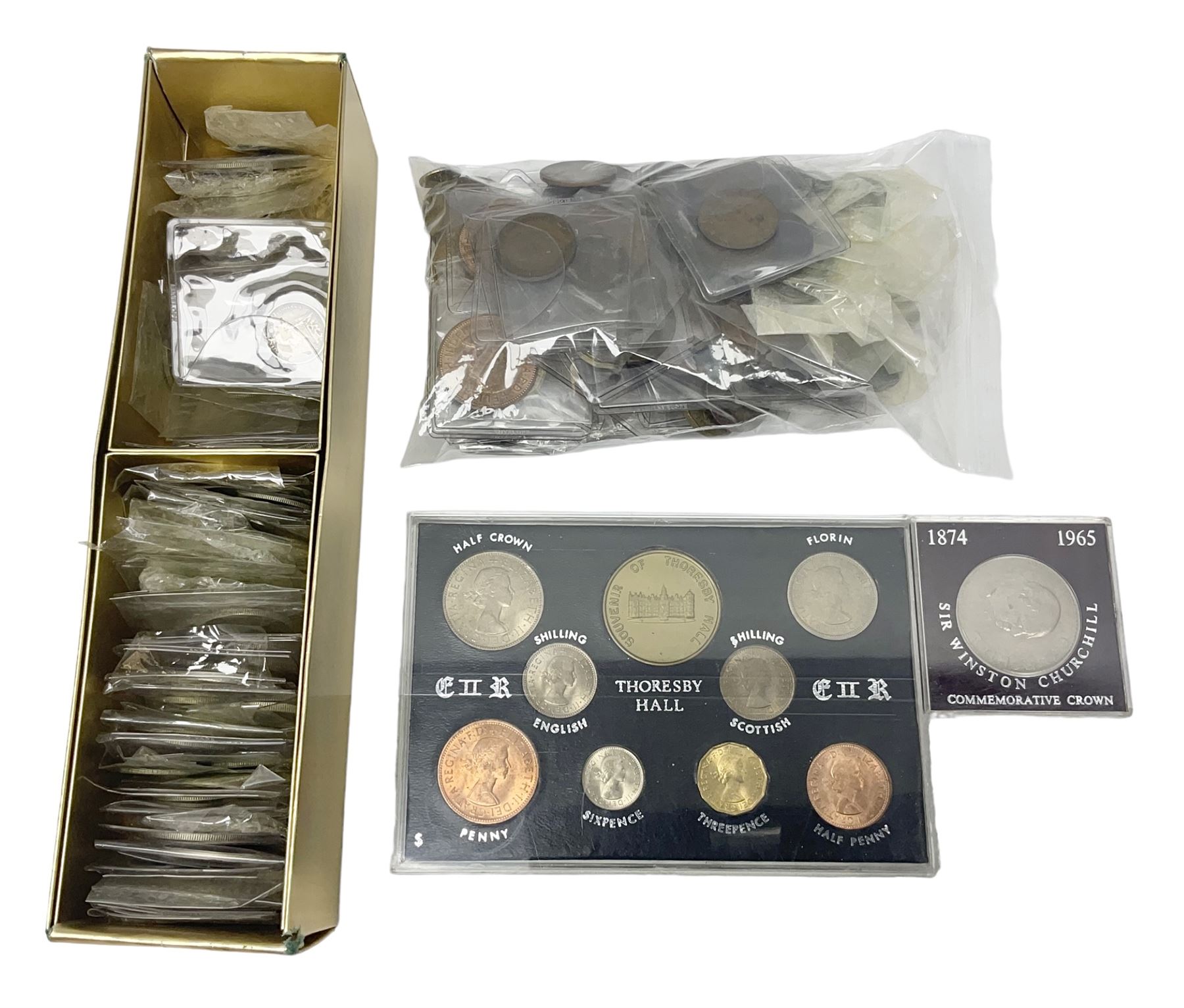 Collection of Great British and World coins, including Great British pre-1947 silver coins, pre decimal coinage, commemorative coins, Queen Elizabeth II 'Souvenir of Thoresby Hall' unofficial coin set etc
