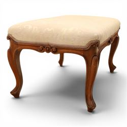 French walnut dressing stool, upholstered in pink damask fabric, raised on cabriole legs 