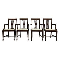 Set twelve (4+8) Edwardian inlaid mahogany dining chairs, cresting rail with satinwood banding, pierced splat backs with central inlay, drop-in seats upholstered in foliate patterned ivory fabric, raised on square tapering supports terminating in spade feet