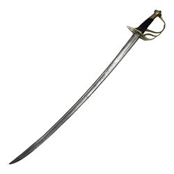 Late 18th century sword, the Spanish 79.5cm curving fullered blade engraved with the Royal Cypher, battle trophies and 'Viva Espania' banner, French Sabre de Mineur brass three-bar hilt with ebonised reeded grip L93.5cm overall (no scabbard)