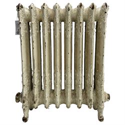 Victorian white painted cast iron radiator, decorated with trailing leafy branches and flowerheads