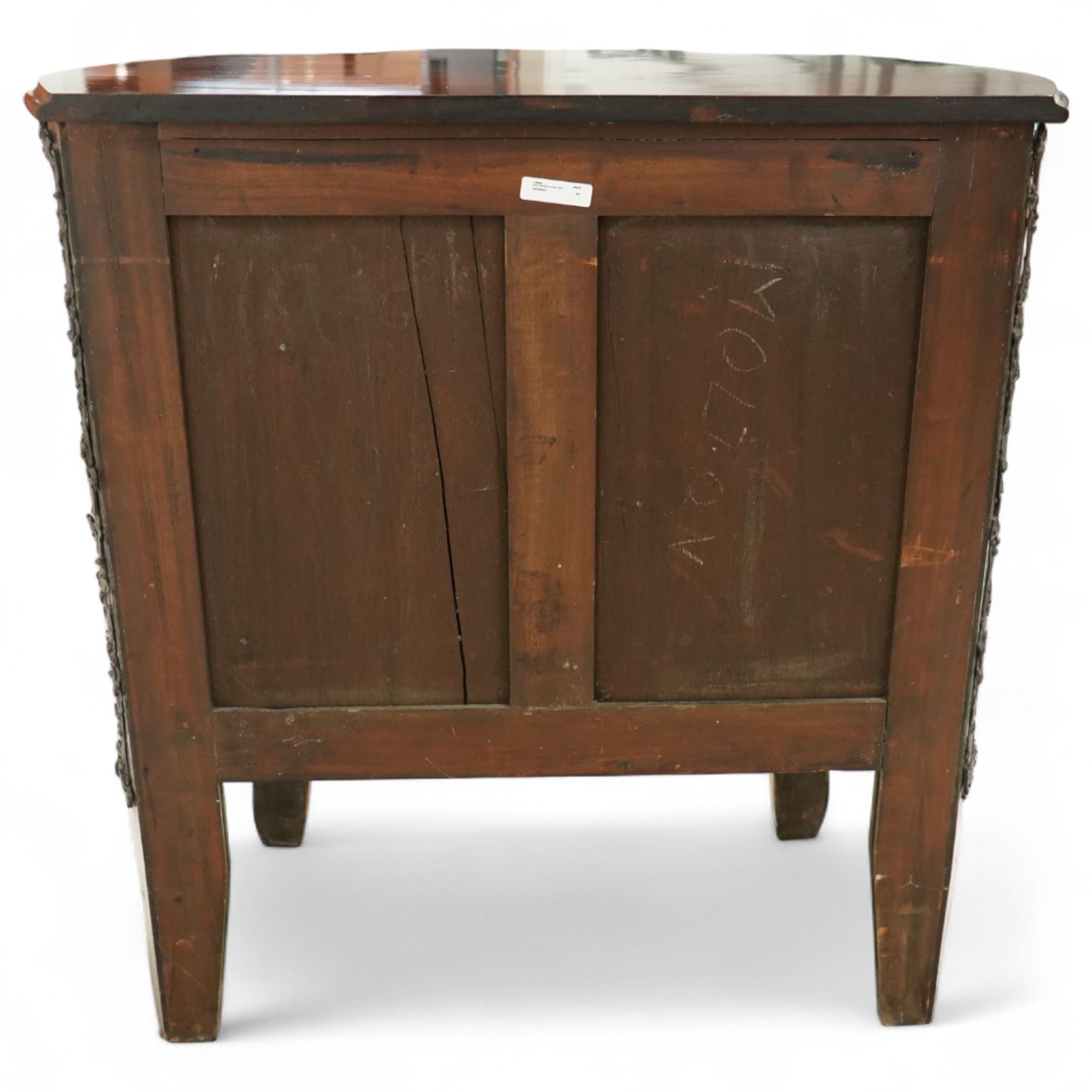 French Louis XV design serpentine fronted rosewood and fruitwood commode, the later shaped mahogany top over  three drawers, inlaid with a floral marquetry urn and flowers, within ormolu mounted borders, the sides inlaid with matching bouquet marquetry, raised on bracket feet