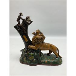 Late 19th century cast-iron mechanical money bank 'Lion and Two Monkeys' by Kyser & Rex with impressed patent mark for 17th July 1883 H25cm L23.5cm