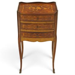 Matched pair of French inlaid floral marquetry bedsides, the three-quarter gallery tray top with central floral bouquet inlay and C-scroll border, one fitted with single frieze drawer over recessed cupboard and shaped apron, the other with three drawers, raised on tapering cabriole supports, with brass cartouche feet