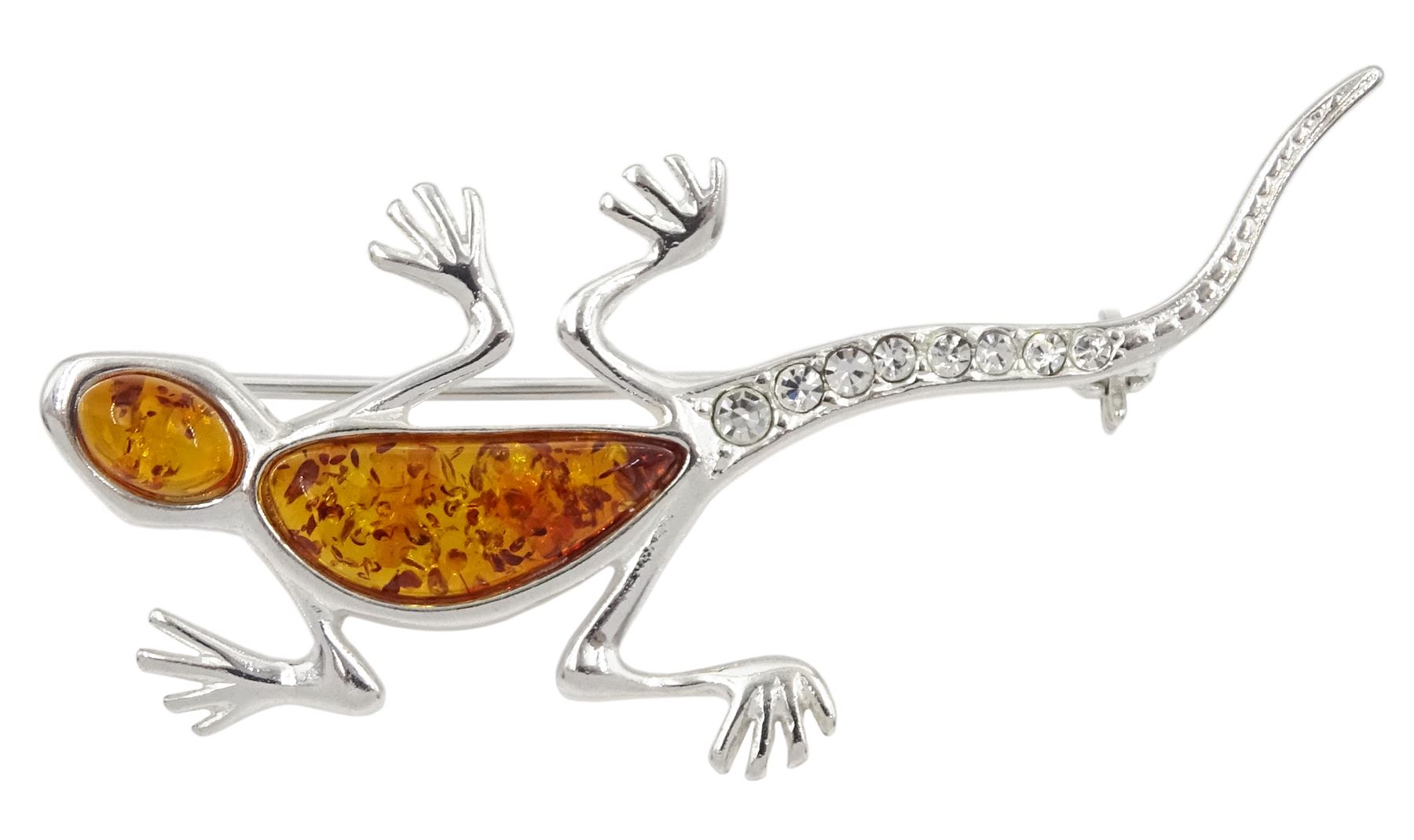 Silver Baltic amber and cubic zirconia lizard brooch, stamped 925 