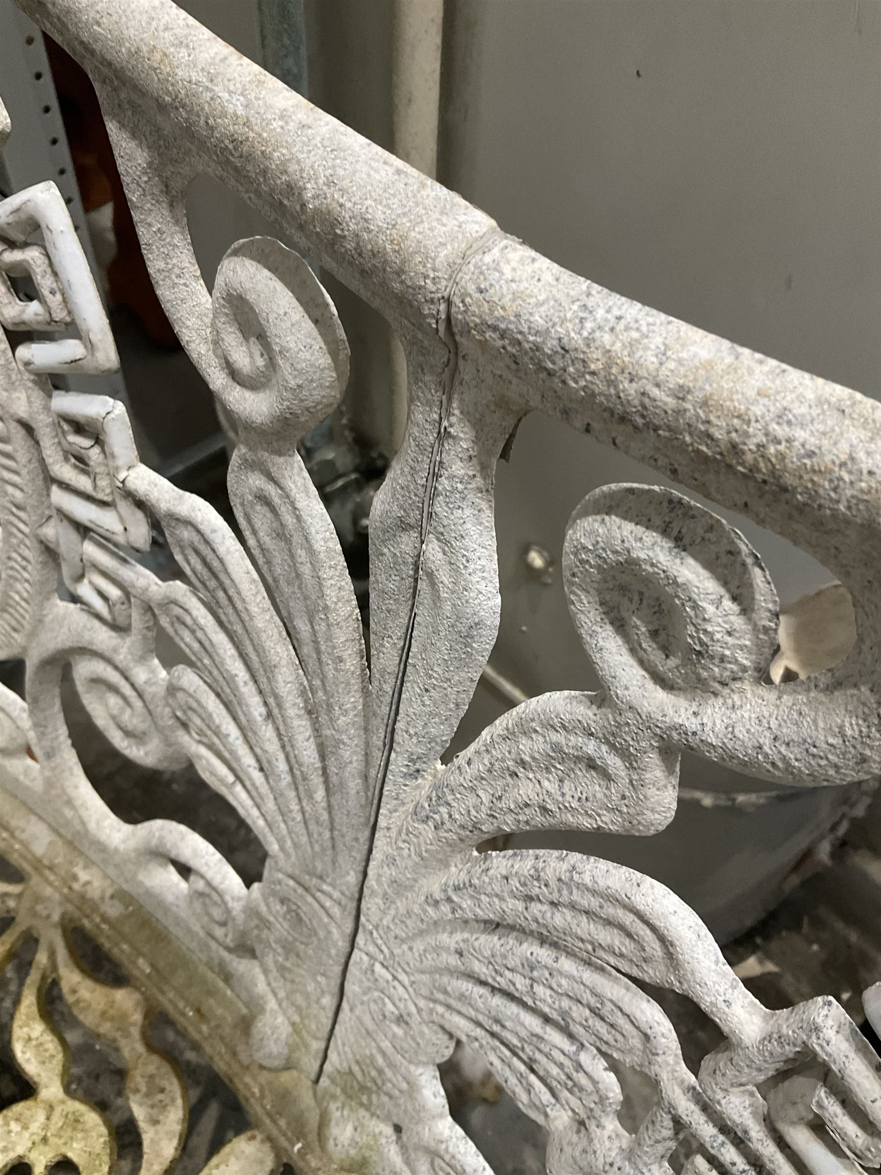 Cast aluminium white painted bench and two chairs - THIS LOT IS TO BE COLLECTED BY APPOINTMENT FROM DUGGLEBY STORAGE, GREAT HILL, EASTFIELD, SCARBOROUGH, YO11 3TX