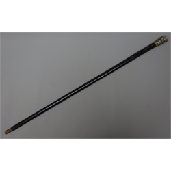  Late 19th century ebonised walking cane with embossed silver pommel inscribed G.I.P.R.V D. Coy Shooting Club Presented to Sergeant  J. Maynard. 1899' L  