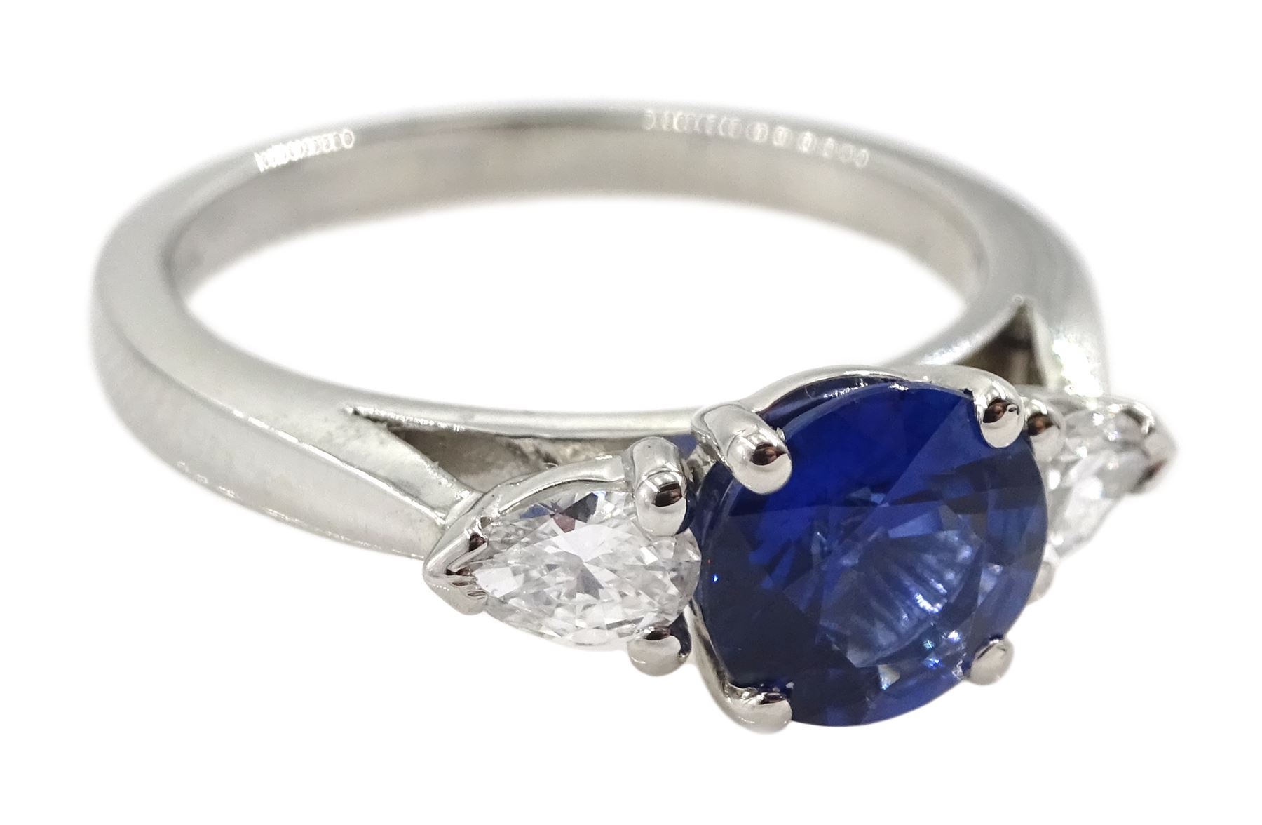 Platinum round Ceylon sapphire and pear shaped diamond three stone ring, hallmarked, sapphire approx 1.50 carat