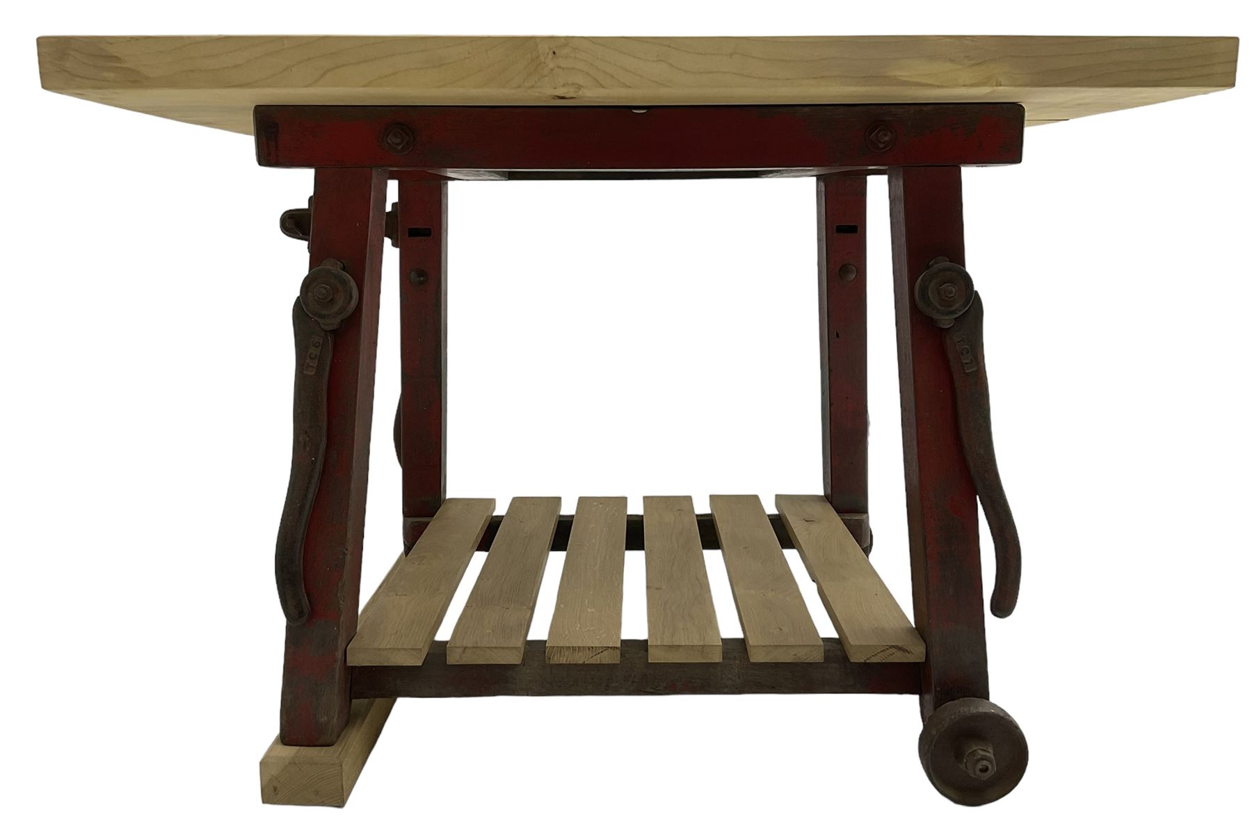 Kitchen island with rectangular maple top, on reclaimed machinery base with oak pot board, on block sledge feet