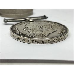 WWII group of five medals comprising 1939-45 War Medal, Defence Medal, 1939-45 Star, Africa Star and France and Germany Star on wearing bar; WWI British War Medal awarded to 142019 Pte. A. Thompson A.S.C.; and boxed King's Badge 'For Loyal Service'
