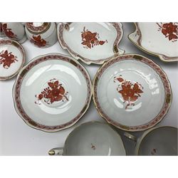 Herend Chinese Bouquet Rose pattern tea service comprising teapot, coffee pot, open sucrier, six cups and saucers, six tea plates, cream jug and stand, milk jug, two teabag holders, preserve pot, two leaf shaped dishes, four egg cups, salt & pepper pots, pair side plates and another plate