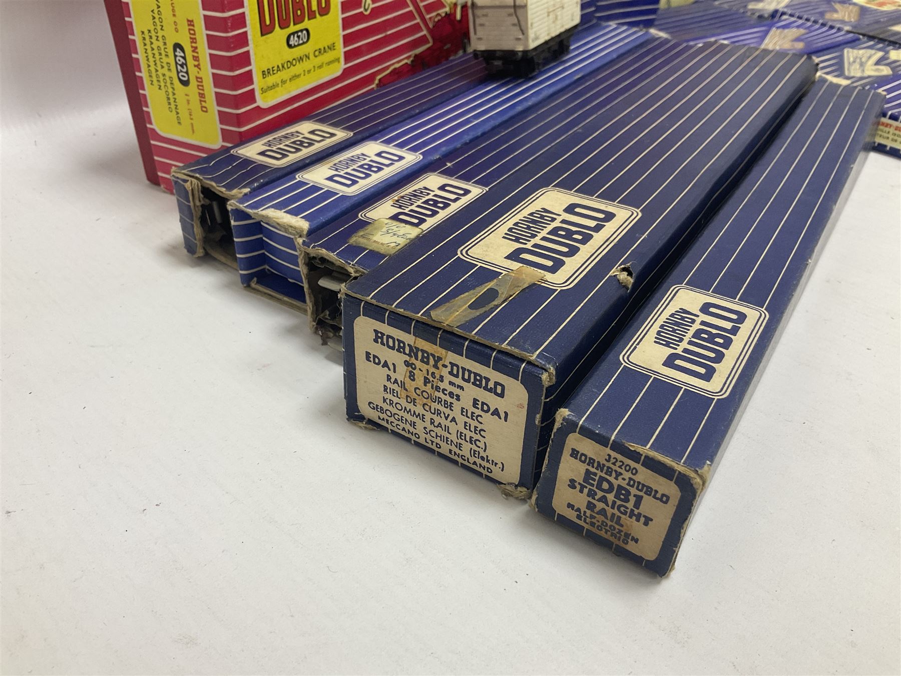 Hornby Dublo - 4620 Breakdown Crane; TPO Mail Van Set; D1 Level Crossing; Pullman cars and goods vans; with a large quantity of track to include straight and curved track, switch points and buffer stops; boxed and loose