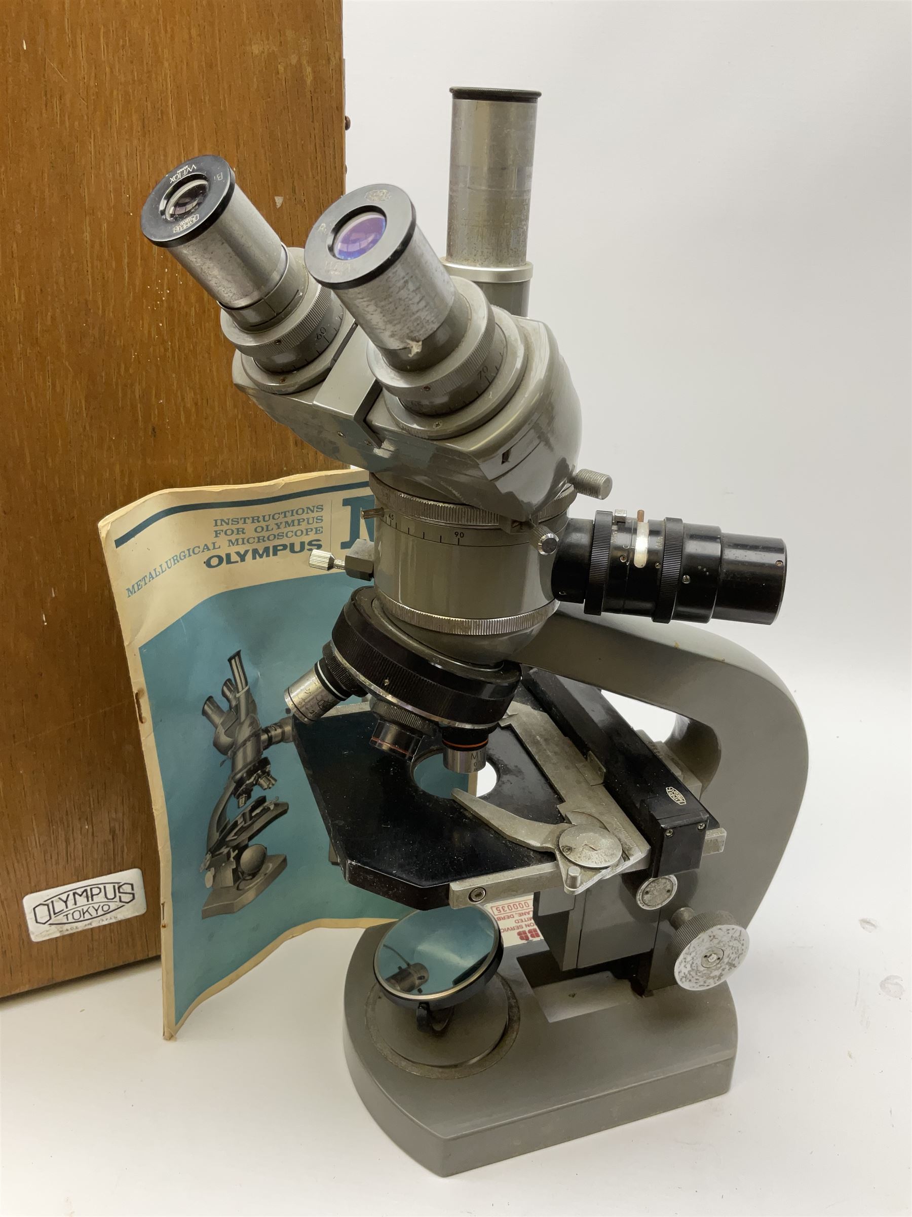 Olympus binocular microscope, numbered '222161', H37cm, in wooden case, untested