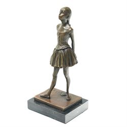After Edgar Degas, (1834-1917), La Petite Danseuse de Quatorze Ans, small bronze figure modelled as a young female dancer, signed and with foundry mark, raised upon a rectangular base, H18.5cm