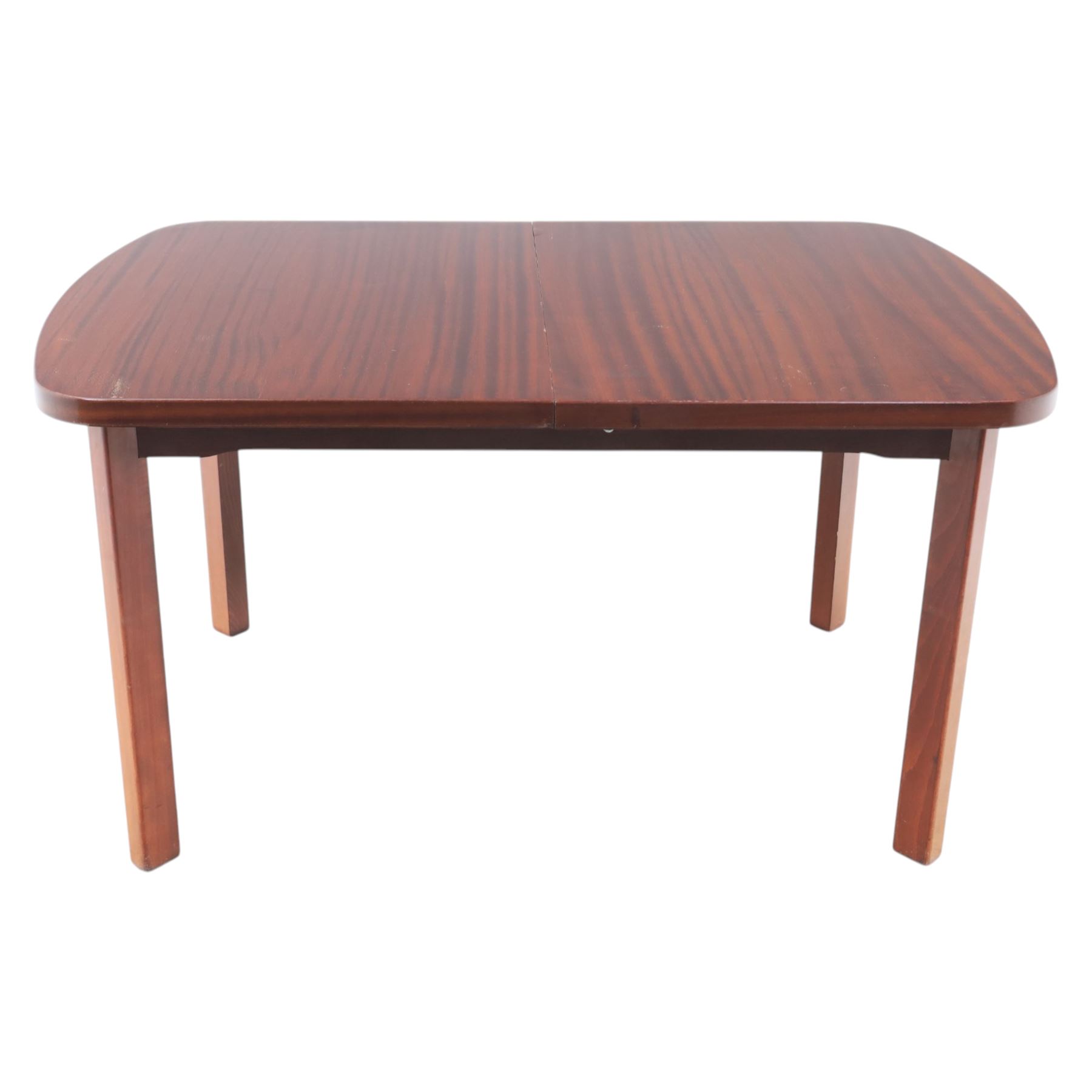 Mid-20th century mahogany extending dining table, with additional leaf, raised on square legs