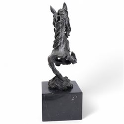 Bronze figure, modelled as a stylised horses head, upon a square marble plinth, signed and bearing foundry mark, overall H41cm