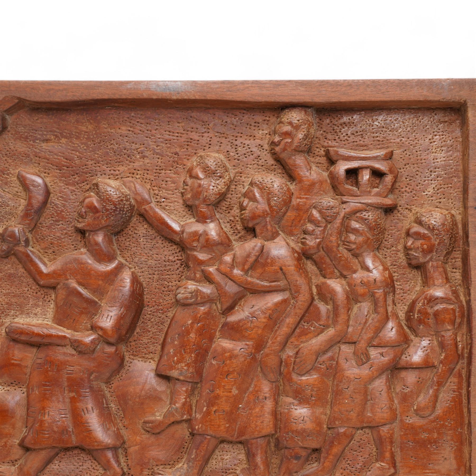  African carved wooden plaque with figures, tree etc 34cm x 81cm