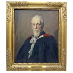George Fiddes Watt (Scottish 1873-1960): Portrait of Reverend Archibald Henderson, oil on canvas signed, presentation plaque dated May 1912, 73cm x 60cm 
Notes: Archibald Henderson (Scottish 1837-1929) was Minister of the Free West Parish Church in Crieff, Perthshire. He married Elizabeth Smith Candlish (1840-1919) in 1863, daughter of Dr Robert Smith Candlish (1806-1873), a leading figure in the Free Church of Scotland (appointed Moderator in 1861) and Minister of St George’s Church, Charlotte Square Edinburgh. The sitter was the vendor's great-grandfather.